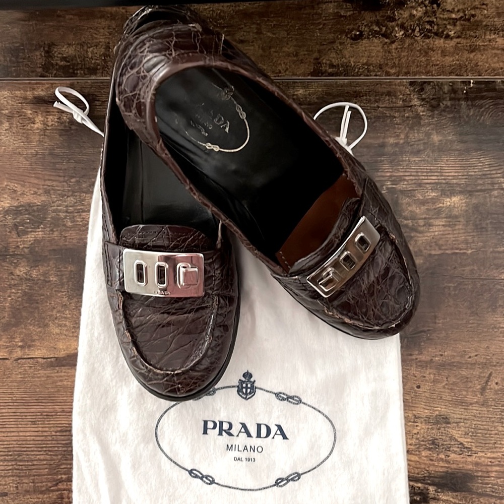 PRADA crocodile embossed patent leather loafer. Size 6.